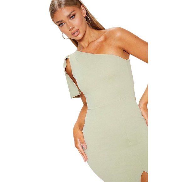 Pretty Little Thing Sage Green One Shoulder Bow Detail Midi Dress 8 NEW - Picture 4 of 15